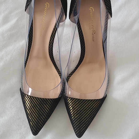 EUC! Gianvito Rossi Black Suede/Gold Metallic Striped Plexi Pumps! - Picture 1 of 12